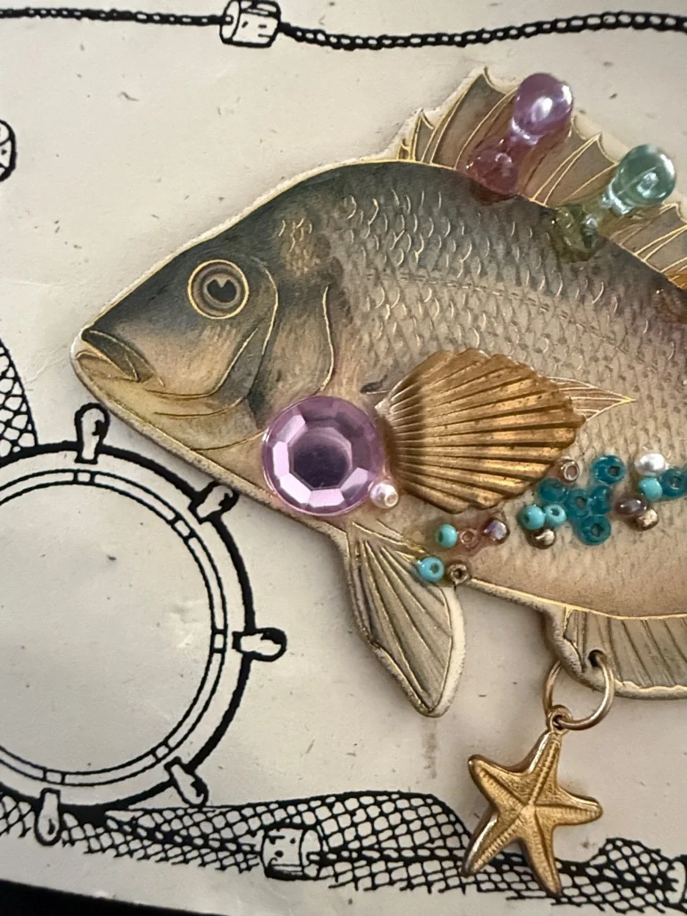 Handmade Gold Fish Brooch with Pastel Gem Accents